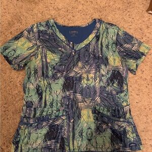 Landau Blue and Green V-Neck Scrub Top